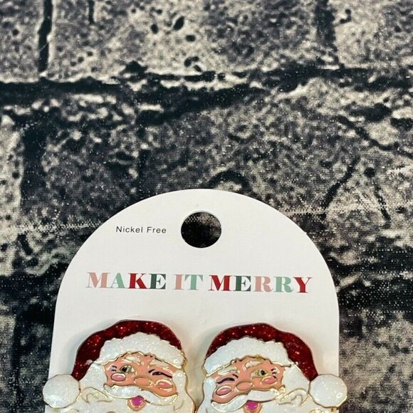 Make It Merry Santa Glitter Enamel Pierced  Earrings Winter Holiday Christmas - Picture 2 of 5